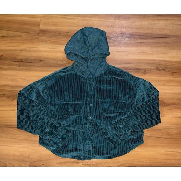 Womens American Eagle Corduroy Button Down Drawstring Crop Hoodie Top - Picture 2 of 6